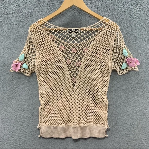 Wildfox Women’s M Crochet Floral Beige Green Embroidered Top Blouse See Through - Picture 7 of 10